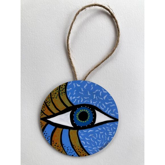 Hand-Crafted Hand-Painted Rustic Wooden Evil Eye Ornament Boho Home Decor Blue - Picture 3 of 4